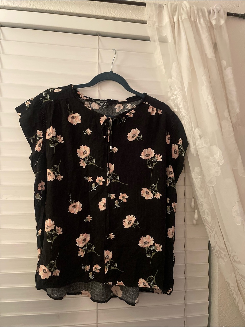 Buffalo David Bitton Black Blouse with Pink Floral Print